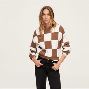Mango Checks Knitted Sweater in Brown